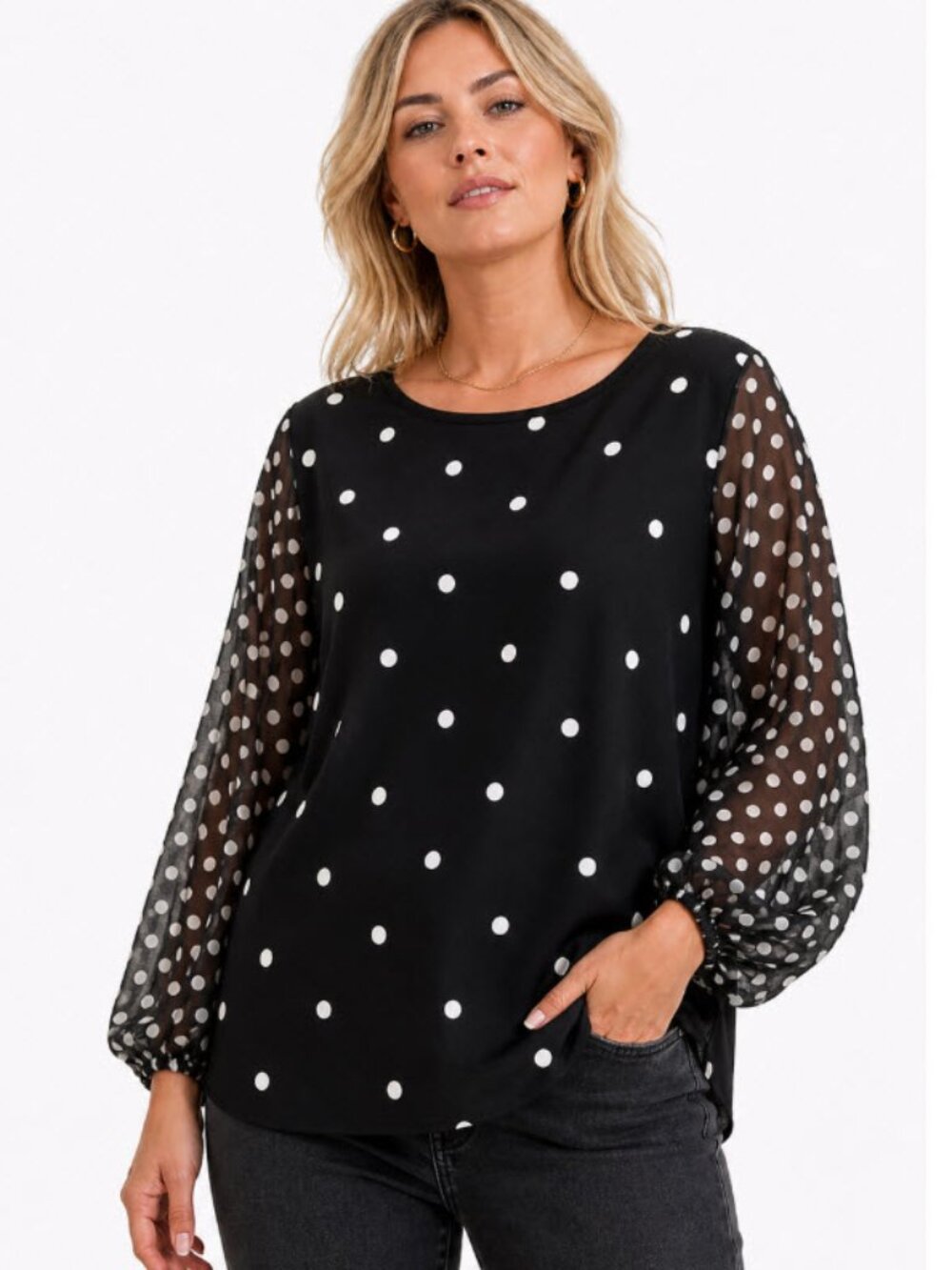 La Bella Black & White Polka Dot Blouse Size XL Sheer Sleeve Top